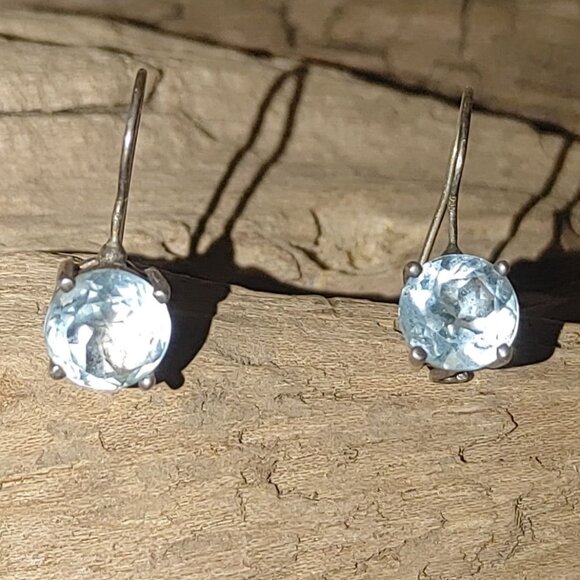 Vintage Light Sky Blue Sterling Silver 925 Topaz 8mm Drop Earrings  Hook Backs - Picture 1 of 11